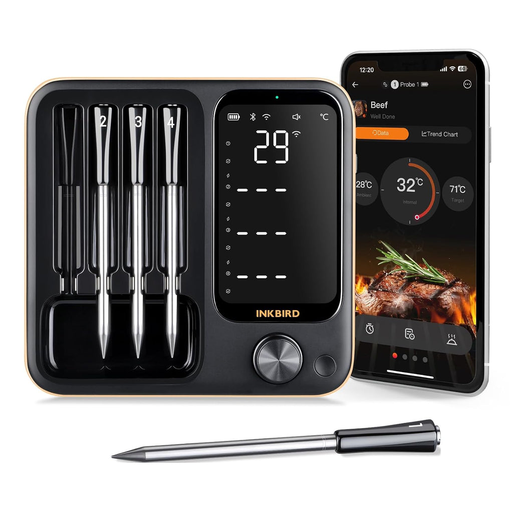 INT-14-BW kabelloses Fleischthermometer, Smart-Grillthermometer, WIFI 2.4G + BT 5.4, 91m Reichweite, für Ofen/Grill/Smoker/Rotisserie/Airfryer