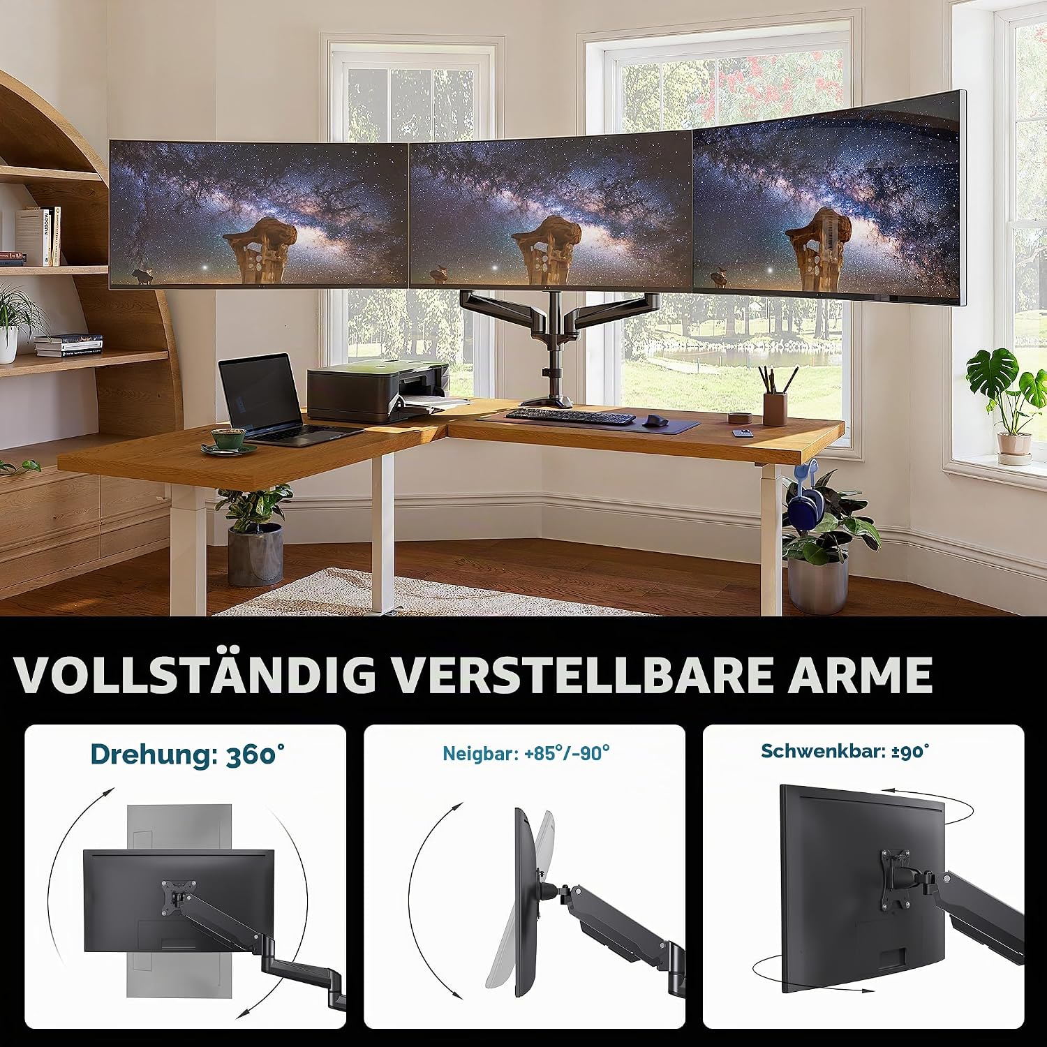Monitorhalterung 3 Monitore für 17-32 Zoll, höhenverstellbar, bis 8 kg pro Arm, Schwarz Gaming