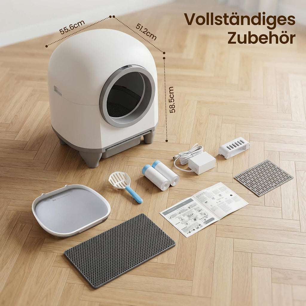 Selbstreinigende Katzentoilette 90L, mit niedrigem Einstieg/großem Raum/Geruchsentferner, APP-gesteuert, Sicherheitssensor, inklusive Katzenmatte