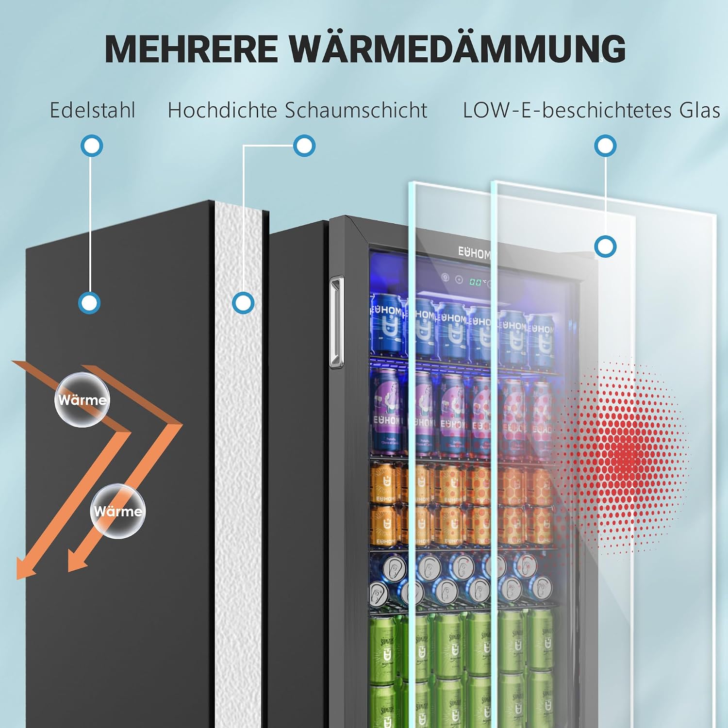 90L Getränkekühlschrank mit Glastür, für 126 Dosen, verstellbare Regale, für Limonade/Bier/Wein, Zuhause/Bar/Büro, Schwarz Edelstahl