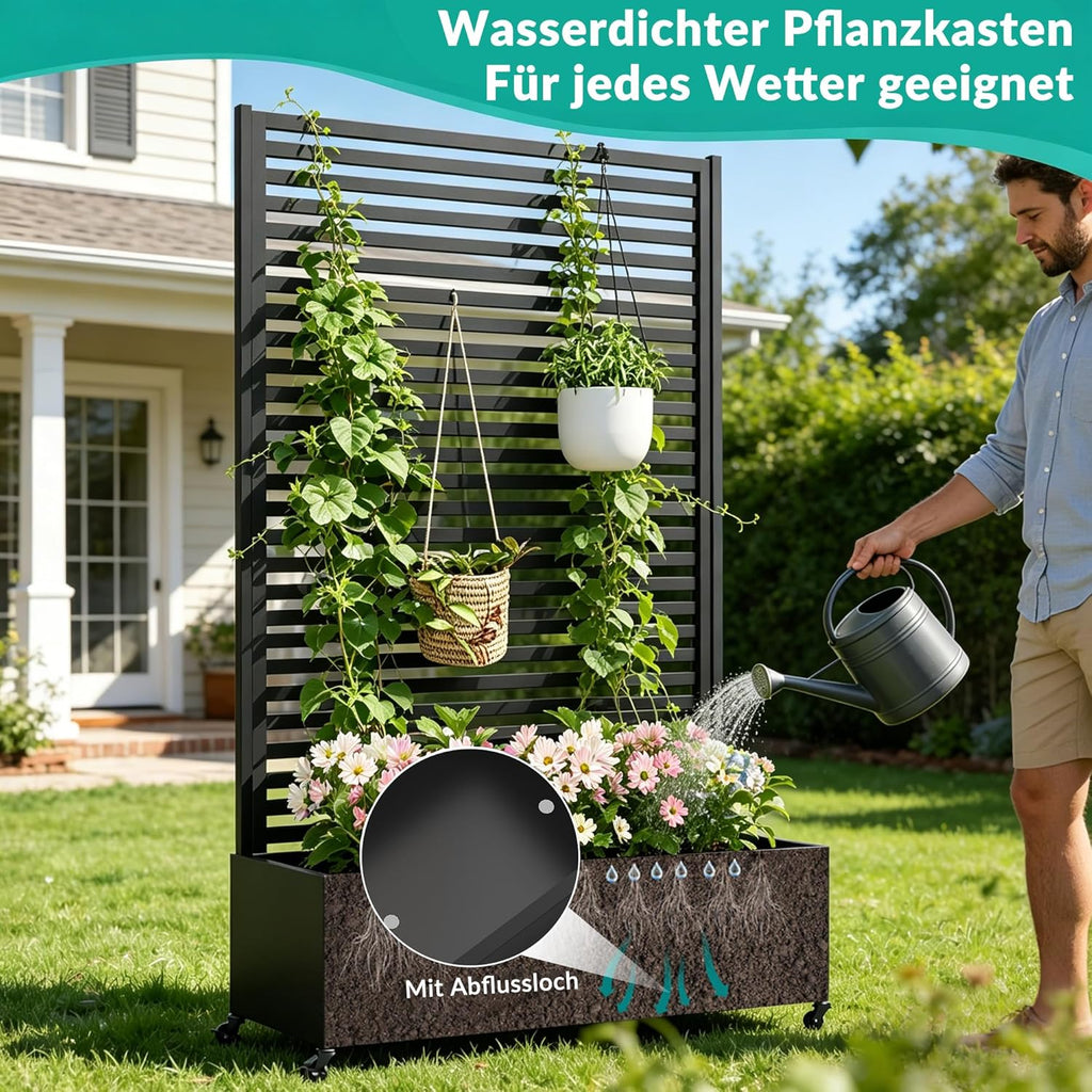 Metall Pflanzkasten mit Spalier, Hochbeet auf Rädern, freistehender Sichtschutz für Blumen und Gemüse, Garten, Terrasse, Balkon