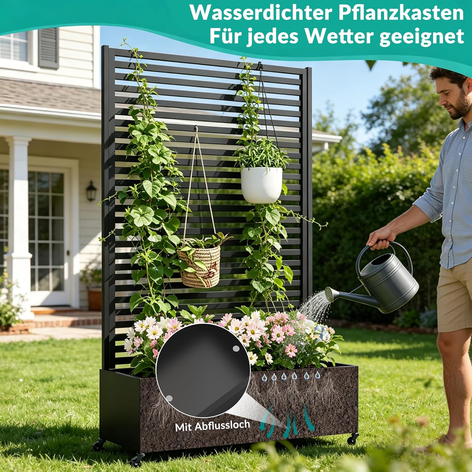 Metall Pflanzkasten mit Spalier, Hochbeet auf Rädern, freistehender Sichtschutz für Blumen und Gemüse, Garten, Terrasse, Balkon