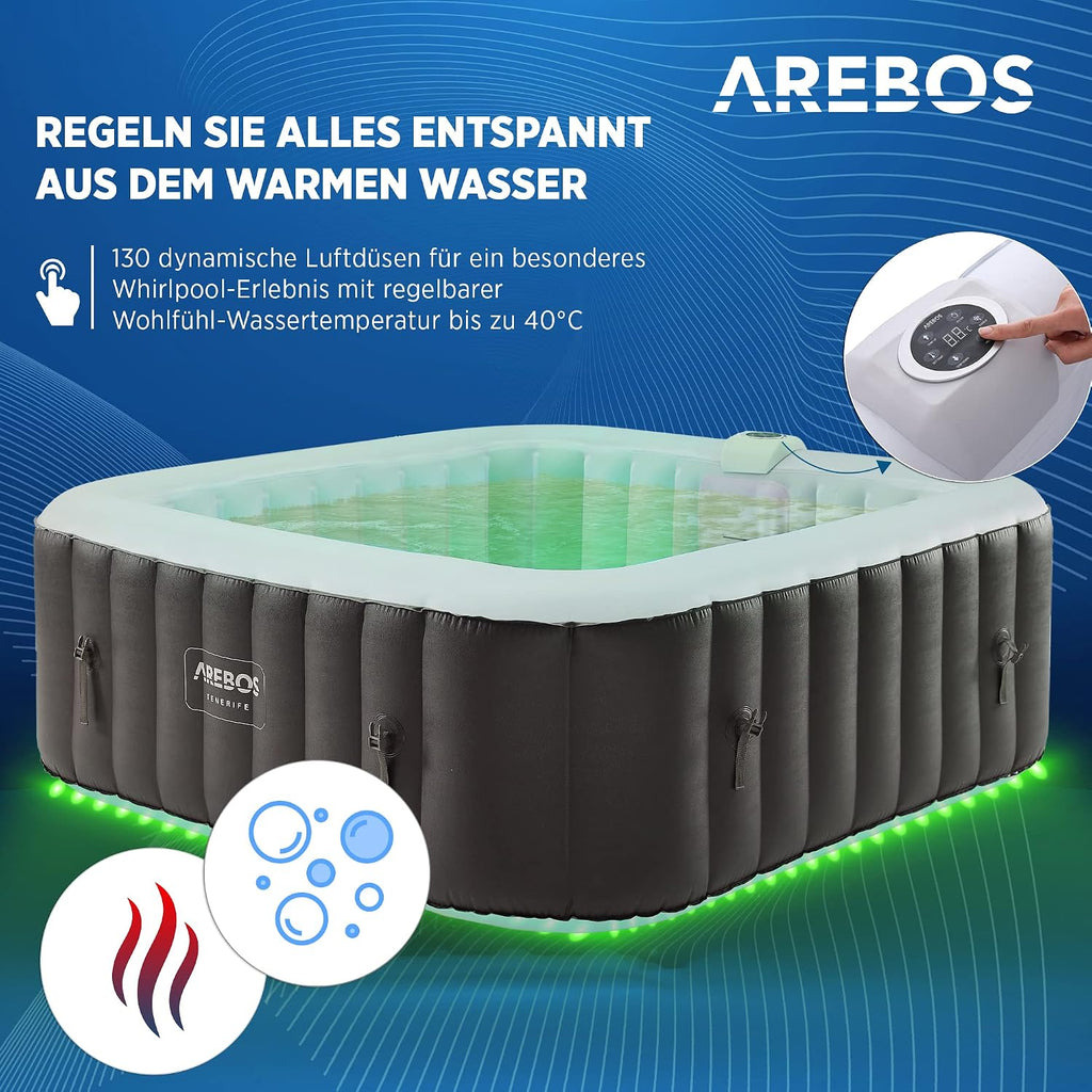 Automatisch aufblasbarer Spa Whirlpool 2400W, für 6 Pers., 185x185 cm, 130 Düsen, LED, 910L, inkl. Abdeckung, Bubble Spa + Wellness-Massage