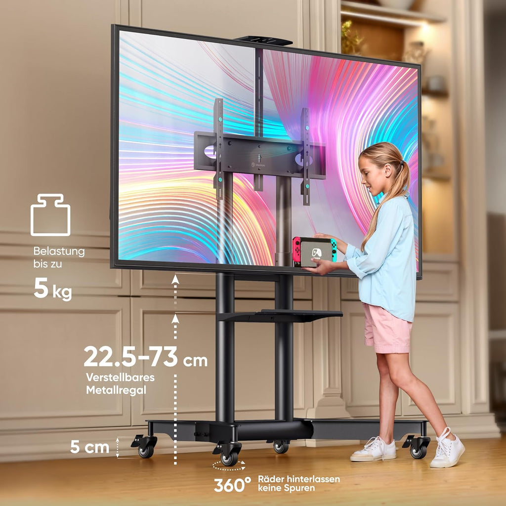TV Ständer rollbar für 32-75 Zoll, max. 60 kg, höhenverstellbar mit Ablage, VESA 600x400, Rollen, Schwarz, TS1571-B