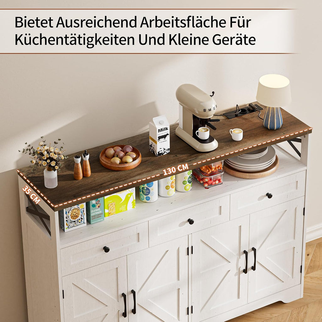 Sideboard mit Schubladen und offenem Regal, Küchenschrank, Anrichte, Kaffeebar Schrank, 130x35x95cm, Cremeweiß in Holzoptik
