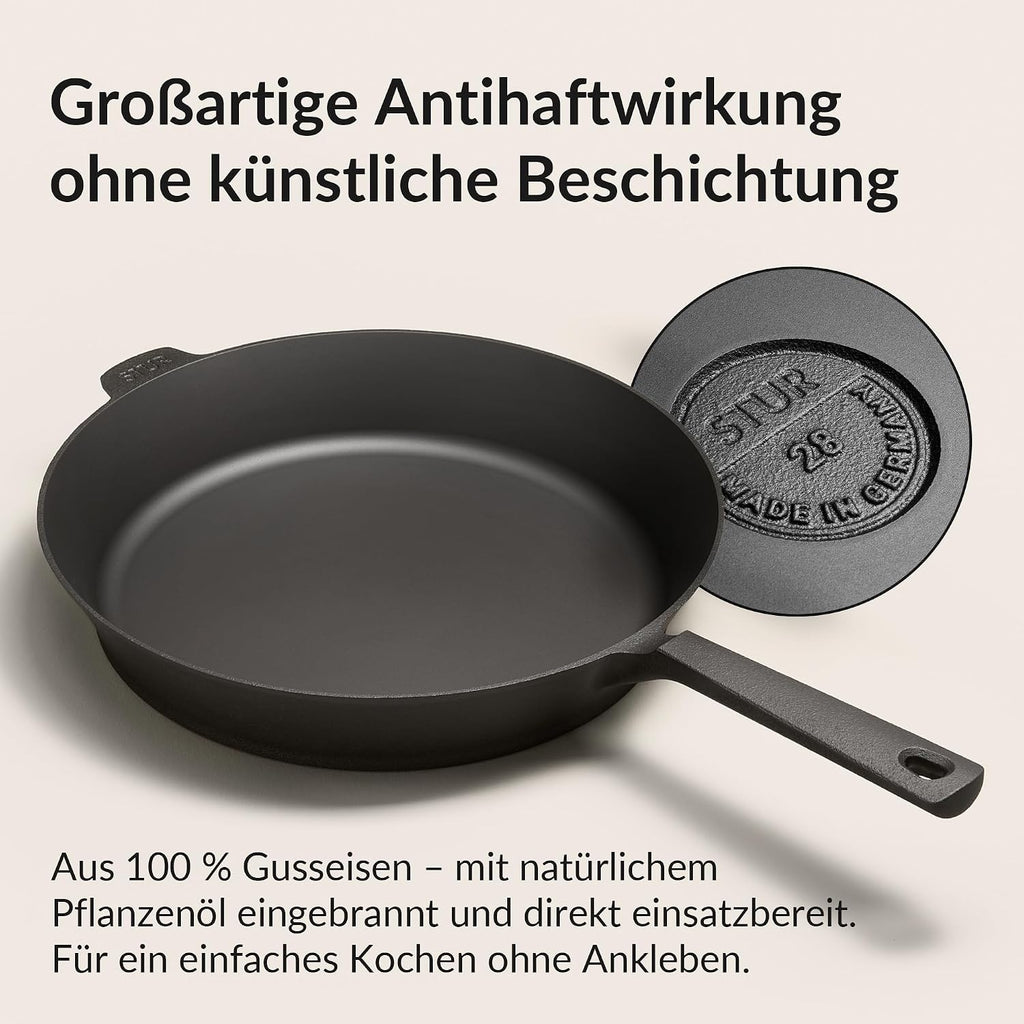 Gusseisenpfanne Induktion 28 cm - für alle Herdarten - fein geschliffen - ohne künstliche Antihaftbeschichtung & kratzfest