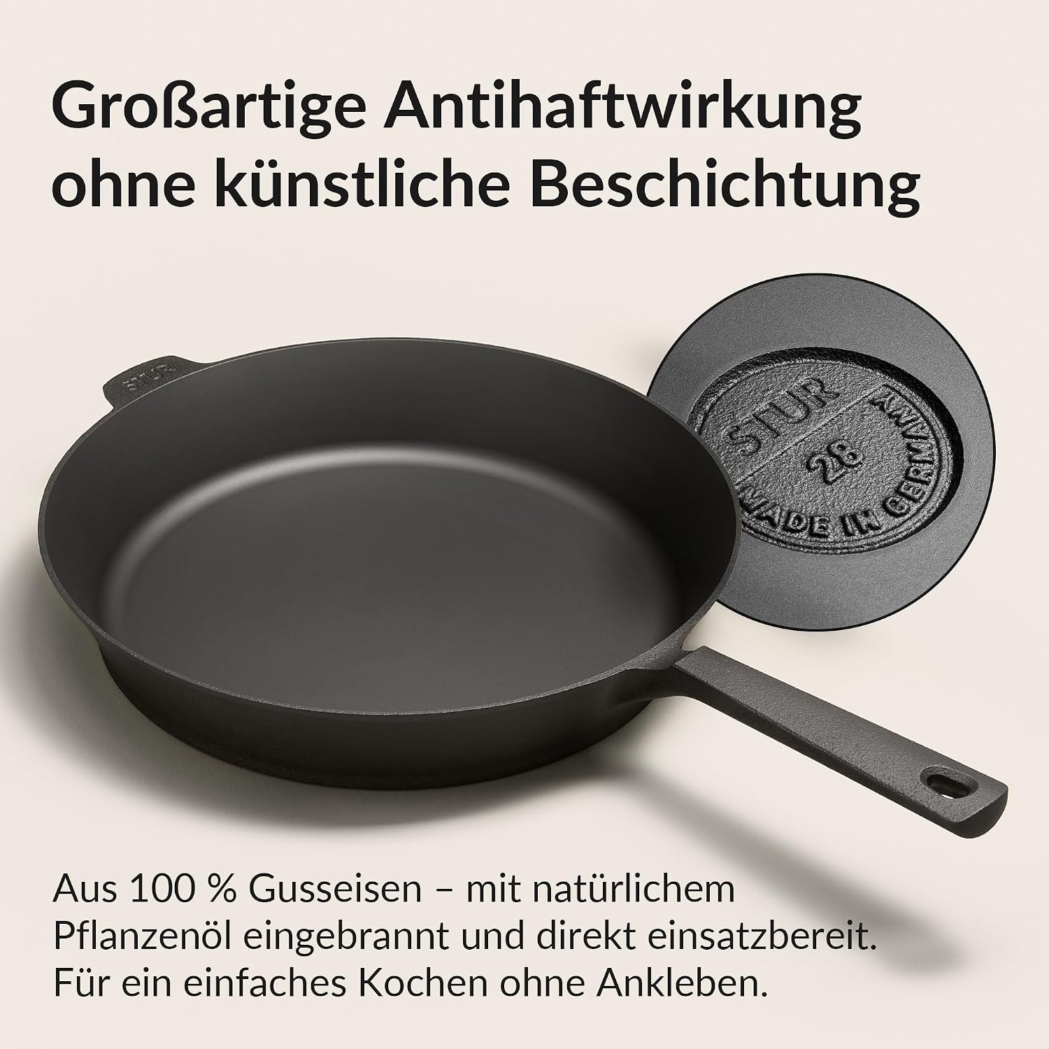 Gusseisenpfanne Induktion 28 cm - für alle Herdarten - fein geschliffen - ohne künstliche Antihaftbeschichtung & kratzfest