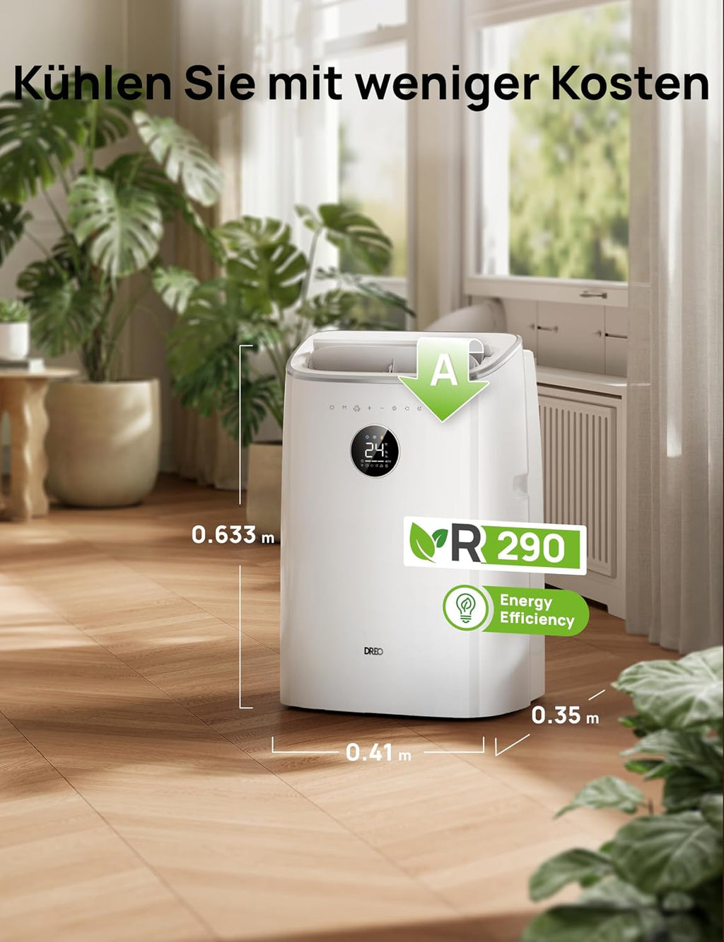 Mobiles Klimagerät 7.500 BTU, 3-in-1 (Kühlen/Vent./Entf.), App + Sprachst., drainagefrei, Fenster-Set, 2,5 L/h, für Schlafz./Büro, AC318S