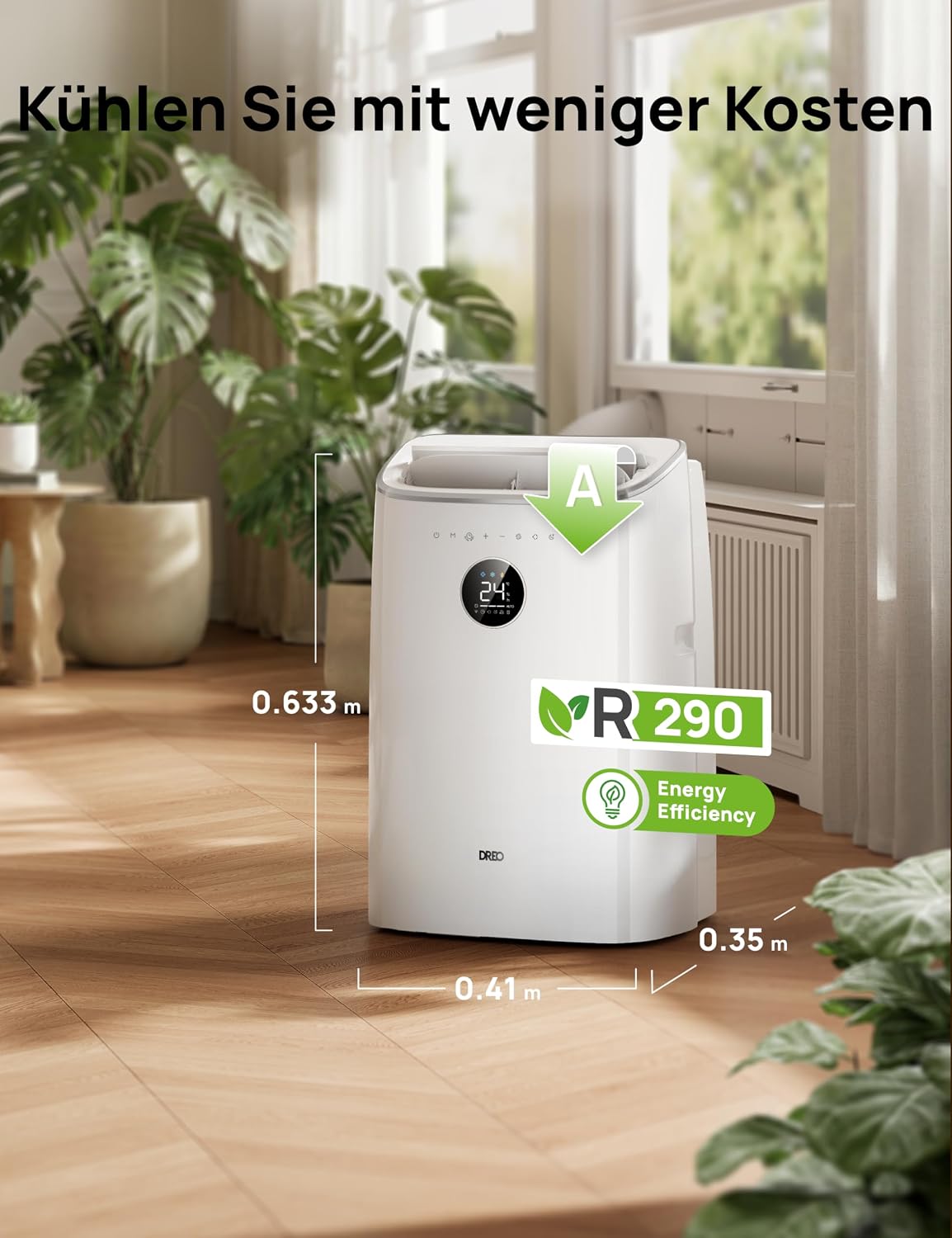 Mobiles Klimagerät 7.500 BTU, 3-in-1 (Kühlen/Vent./Entf.), App + Sprachst., drainagefrei, Fenster-Set, 2,5 L/h, für Schlafz./Büro, AC318S