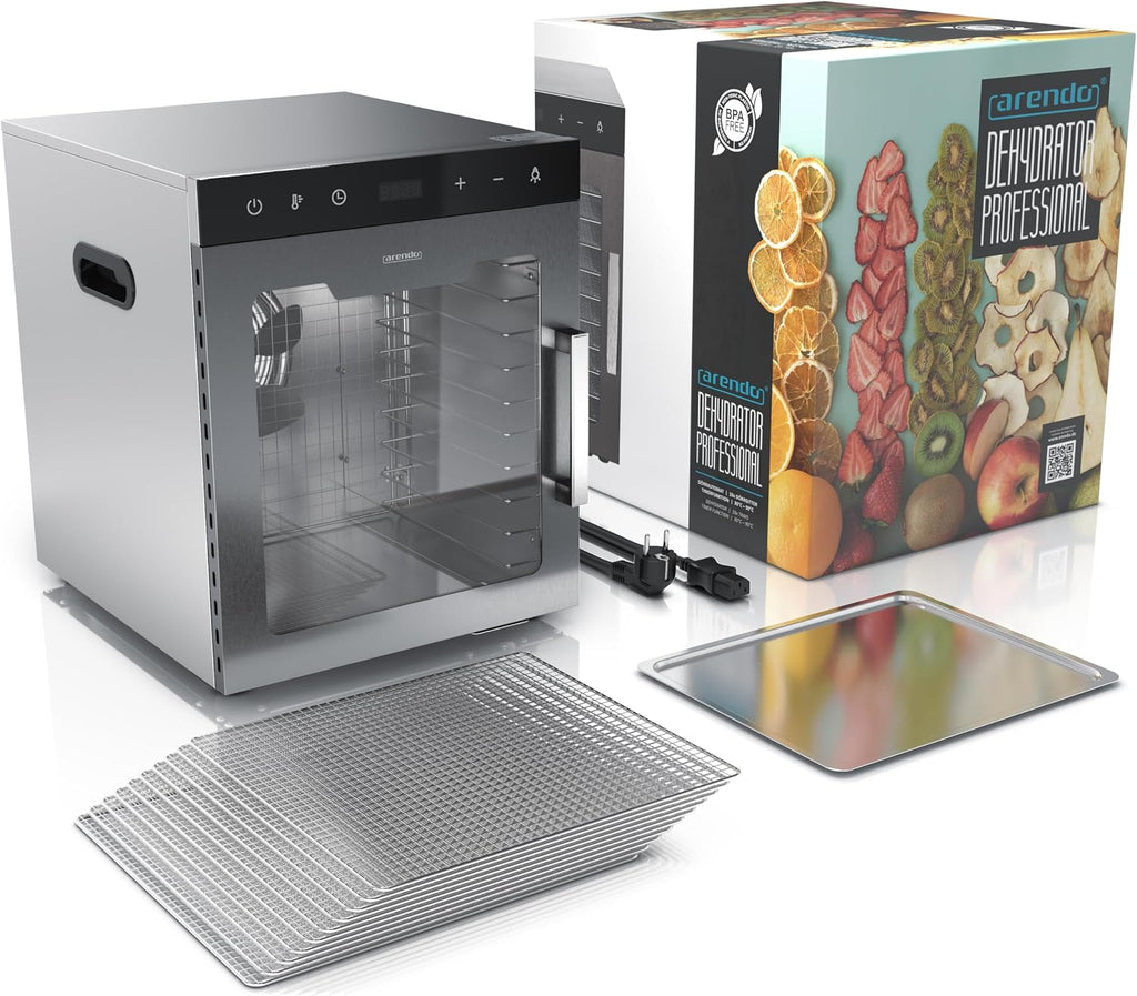 Dörrautomat Edelstahl mit 10 Edelstahl-Einlegetabletts, 800 W, 35-85°C, 8400 cm², Dehydrator für Obst, Fleisch, Pilze uvm.