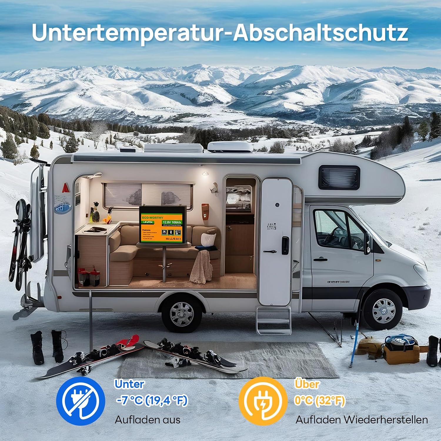 12V 100Ah LiFePO4 Bluetooth Lithiumbatterie mit BMS & Low Temperature Schutz, 12/24V 20A Ladegerät für Wohnmobil, Boot, Wohnwagen