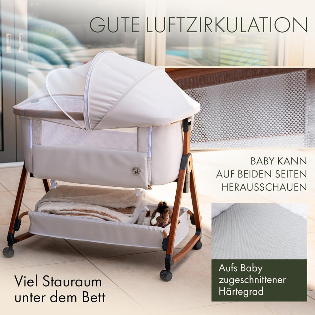Beistellbett Babybett 3 in 1 rollbares Baby Bett mit Rollen, Wiegefunktion, höhenverstellbar, für Boxspringbett, inkl Reisetasche - Sicheres Reisebett