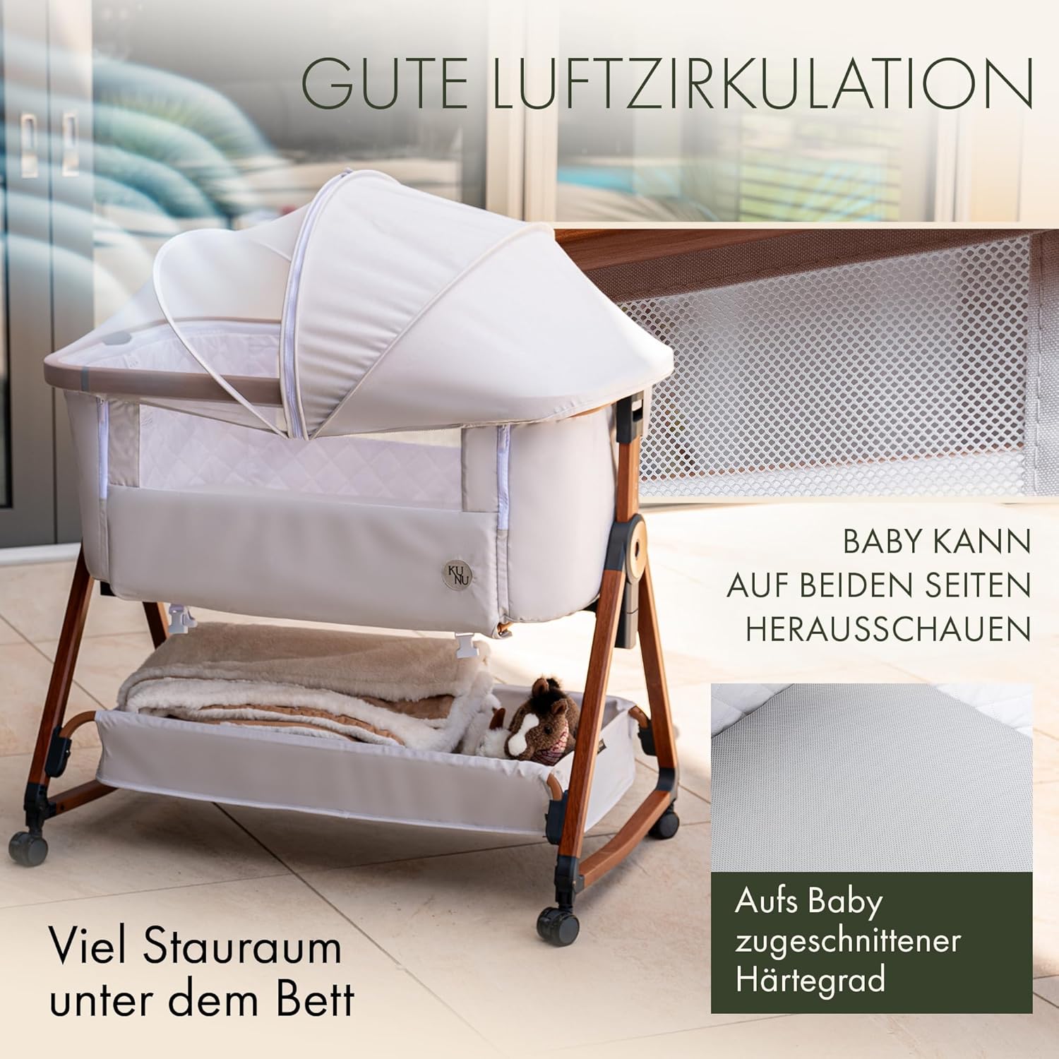 Beistellbett Babybett 3 in 1 rollbares Baby Bett mit Rollen, Wiegefunktion, höhenverstellbar, für Boxspringbett, inkl Reisetasche - Sicheres Reisebett