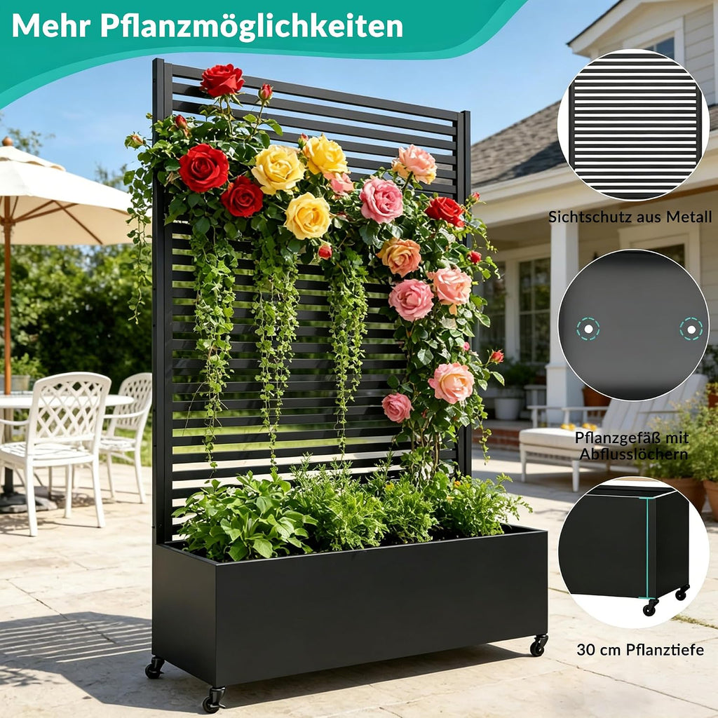 Metall Pflanzkasten mit Spalier, Hochbeet auf Rädern, freistehender Sichtschutz für Blumen und Gemüse, Garten, Terrasse, Balkon