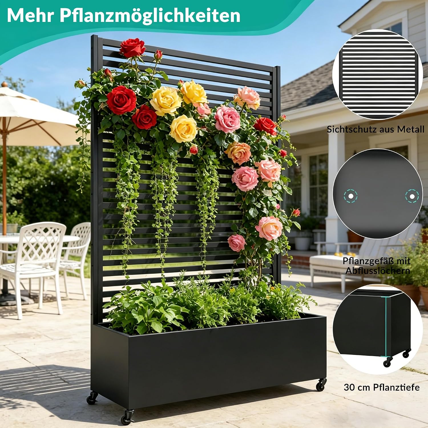 Metall Pflanzkasten mit Spalier, Hochbeet auf Rädern, freistehender Sichtschutz für Blumen und Gemüse, Garten, Terrasse, Balkon