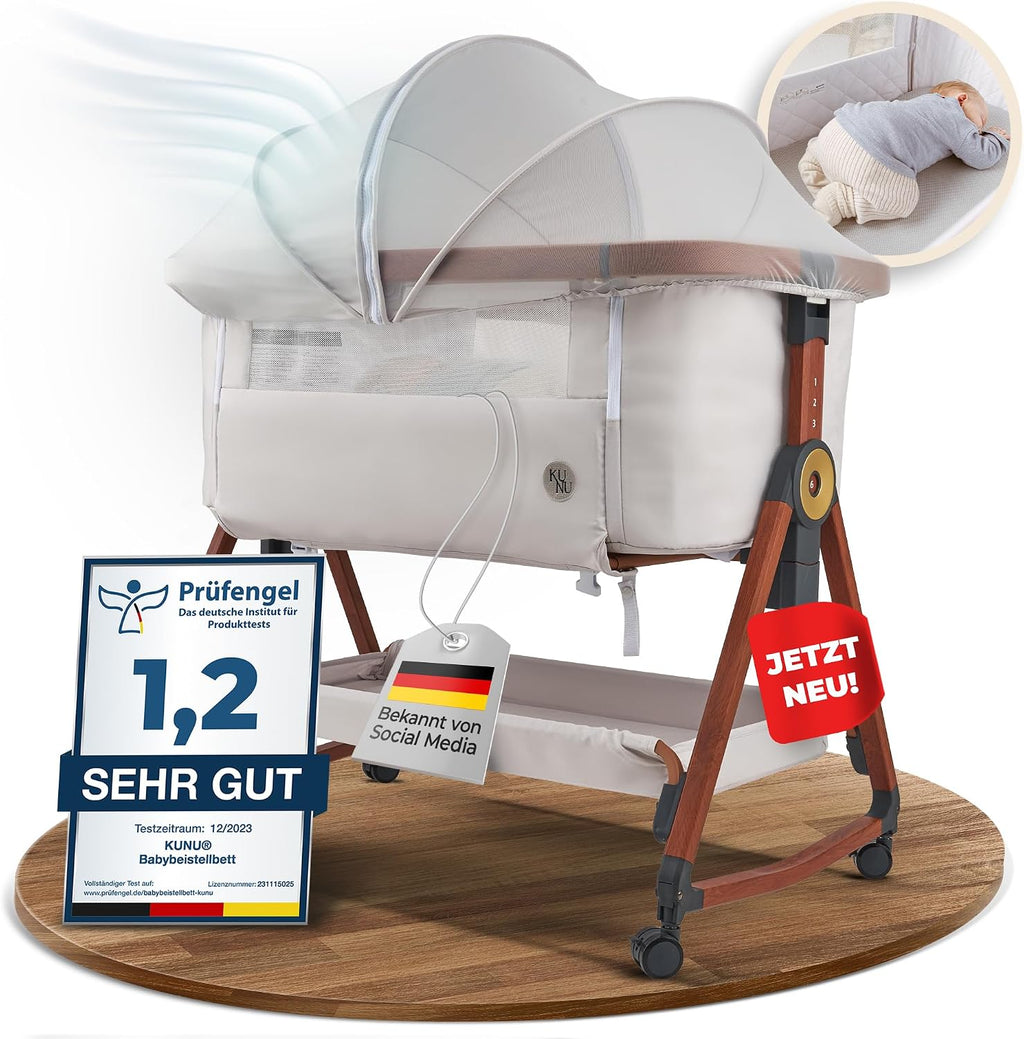 Beistellbett Babybett 3 in 1 rollbares Baby Bett mit Rollen, Wiegefunktion, höhenverstellbar, für Boxspringbett, inkl Reisetasche - Sicheres Reisebett