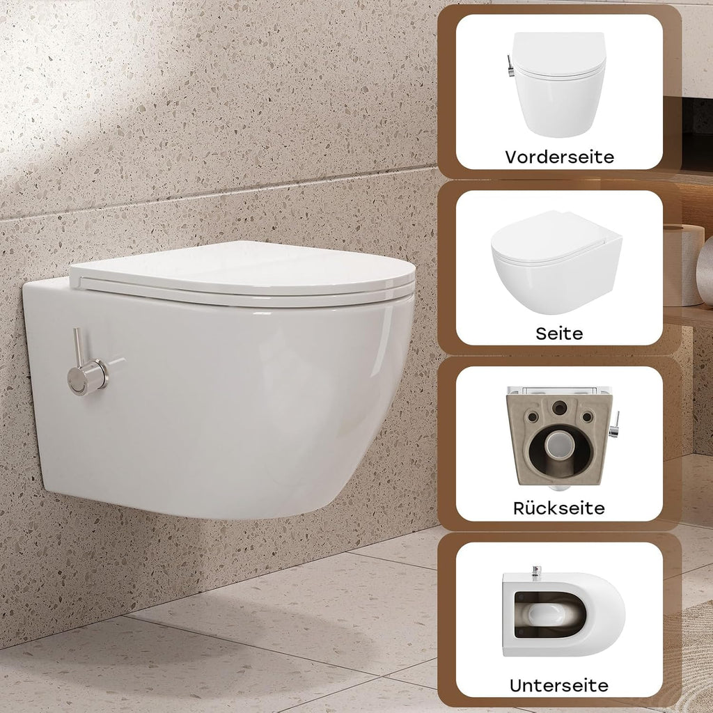 Toilette mit Bidet-Funktion, spülrandlos, Nano-Beschichtung, WC-Dusche mit Armatur, Absenkautomatik, Kalt-Warm Wasser, Hänge-WC, 49x36x36 cm