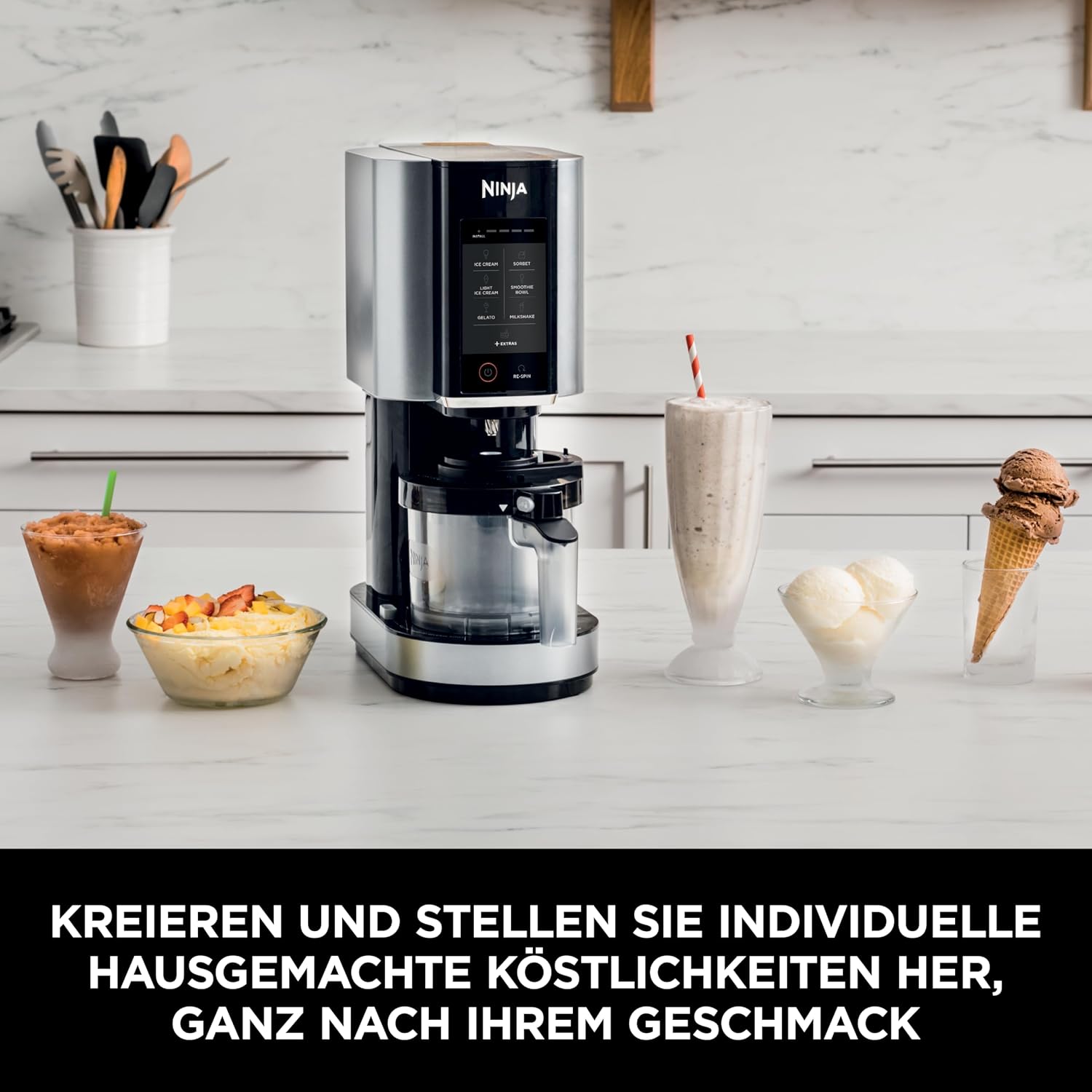 CREAMi Eis- & Dessertmaschine mit 2 Behältern, 7 Programmen: Eis, Gelato, Sorbet, Smoothie-Bowls, Milchshakes u.v.m., 1,4L, Schwarz/Silber, NC302EU