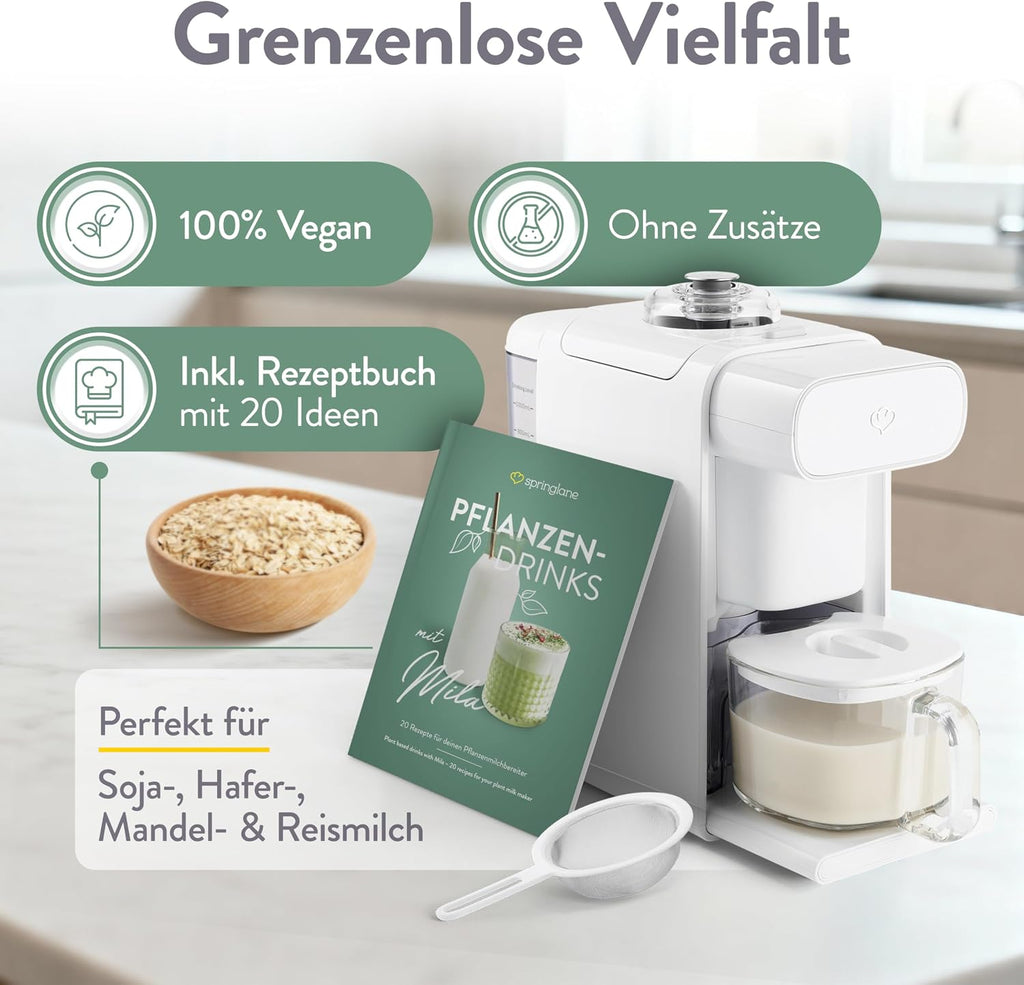 Pflanzenmilchbereiter Mila 1L, 6 Programme, Auto-Reinigung, LED-Touch-Display mit Timer, für Nussmilch/Sojamilch/Haferdrinks, inkl. Sieb & Rezeptbuch