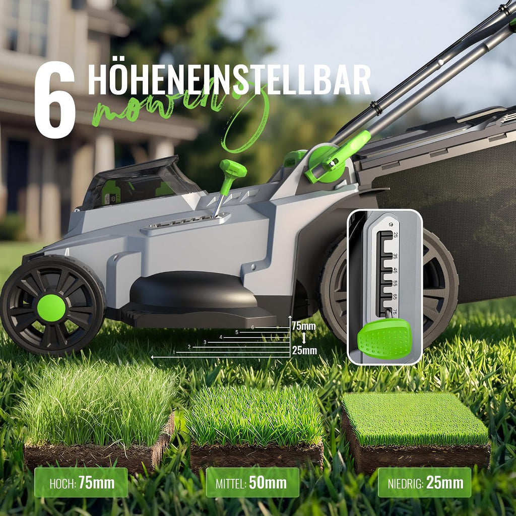 Akku-Rasenmäher 40V(2X20V), 43cm Schnittbreite, Brushless, bis 500 m², Mulch-Kit, 50L Fangkorb, 6 Schnitthöhen (25-75mm), 2x 4,0Ah Akkus+Ladegerät