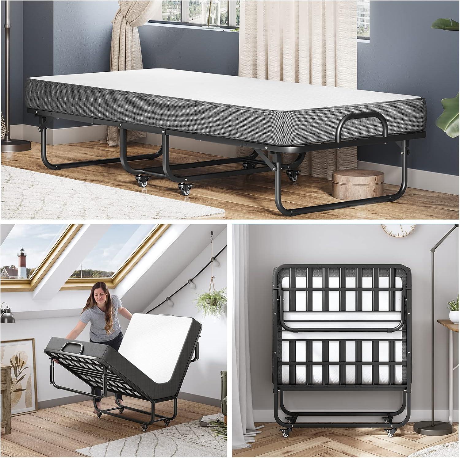 Klappbett 90x200cm für Erwachsene, 13cm Memoryschaum-Matratze, Metallrahmen + Rollen, Reisebett, klappbar, stabil bis 200 kg