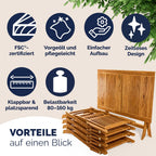 Gartenmöbel Set Modell 2026 - 5-teilig aus FSC Akazienholz, extra stabiler Tisch mit Verstärkungsleiste, 4 klappbare Stühle mit Armlehnen