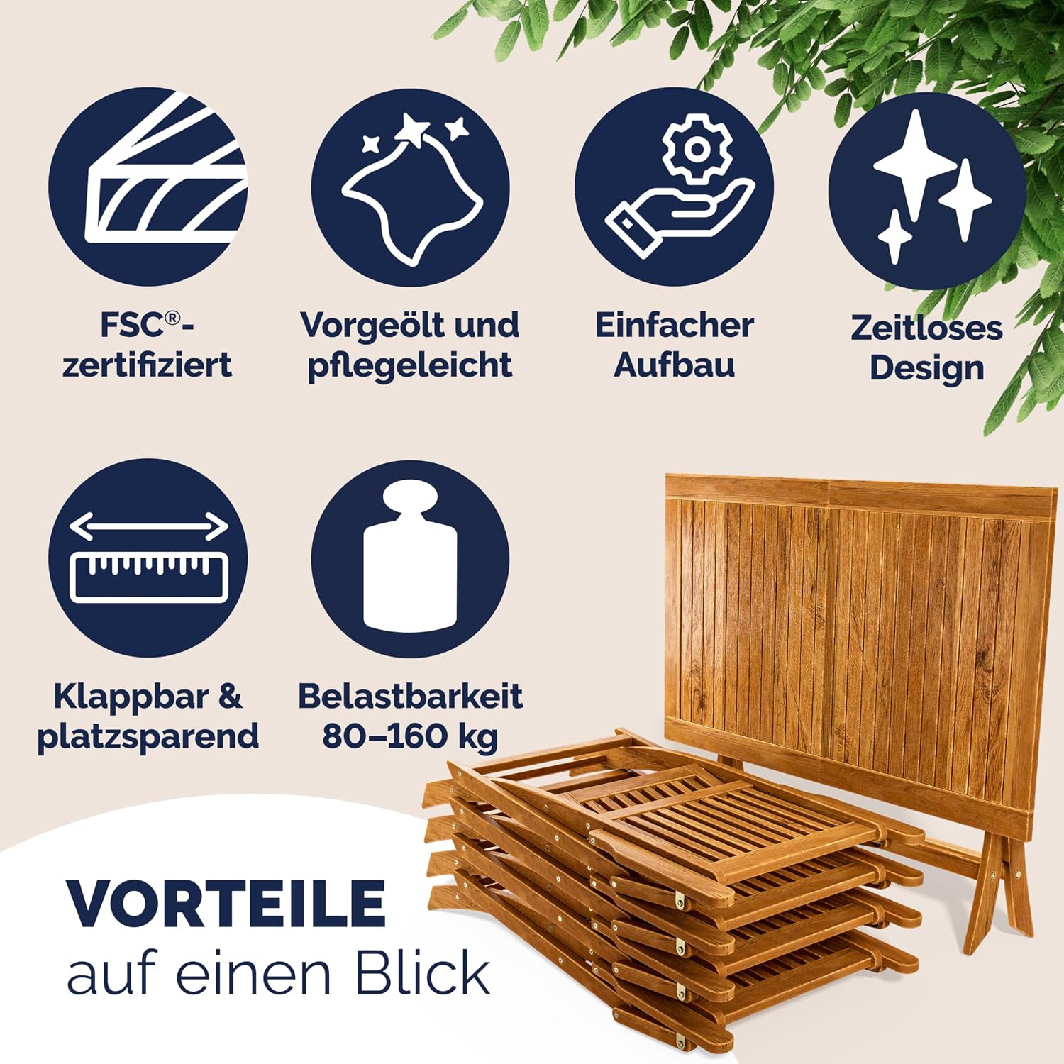 Gartenmöbel Set Modell 2026 - 5-teilig aus FSC Akazienholz, extra stabiler Tisch mit Verstärkungsleiste, 4 klappbare Stühle mit Armlehnen