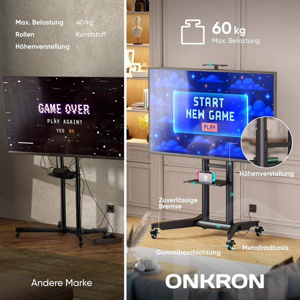 TV Ständer rollbar für 32-75 Zoll, max. 60 kg, höhenverstellbar mit Ablage, VESA 600x400, Rollen, Schwarz, TS1571-B
