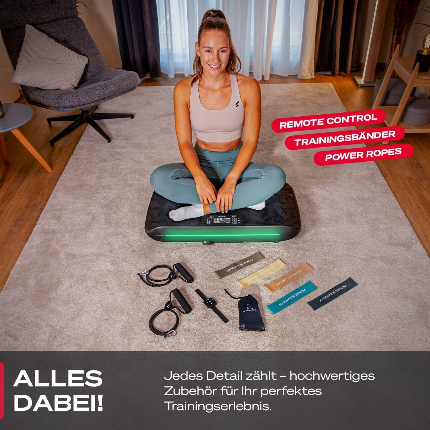 4D Vibrationsplatte, VP400 + sVibe, Smart LED, Bänder + Ropes, Abnehmen, Ganzkörper, Muskelaufbau, 120 kg, Fitness