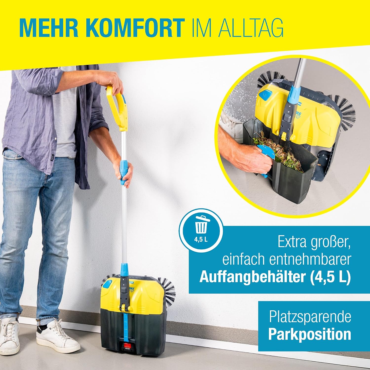 Akku-Kehrmaschine EasySweep 18V inkl. 18V Akku, 40 cm Arbeitsbreite, 4,5 L Behälter - für Indoor & Outdoor, Einfahrt, Gehweg, Terrasse, Garage & Laub