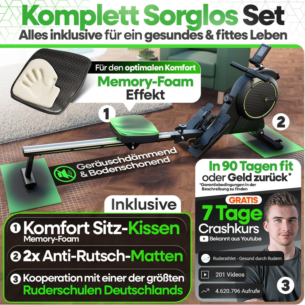 NEU Rudergerät für Zuhause Set - extra leise, Wirbelstrombremse 2.0, bis 150 kg, Magnet-Rudermaschine
