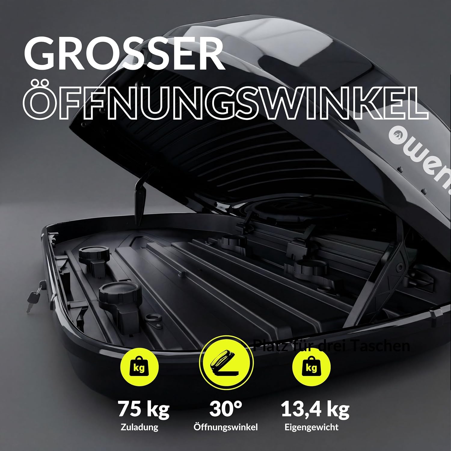 Dachbox Auto 320L | 75kg Zuladung | Hartschale Schwarz Glänzend | Aerodynamisch | Beidseitige Öffnung mit Schnellspanner (Fast Clamp) | Abschließbar