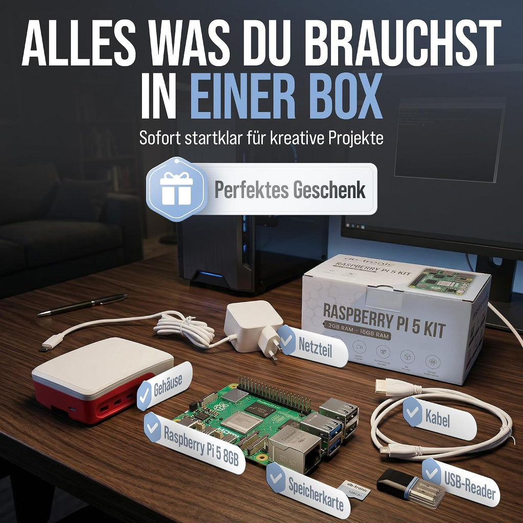 Raspberry Pi 5 8GB 128GB Starter Set mit 27W Netzteil, Lüfter-Gehäuse & 4K Micro HDMI Kabel - Ideal für Smart Home, Retro Gaming & Home Assistant