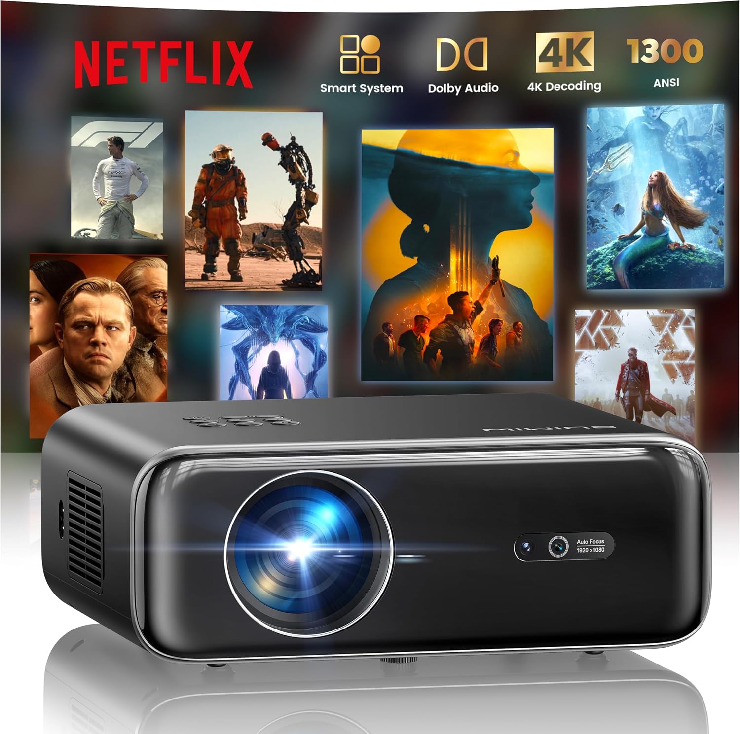 Smart LED Beamer 1300 ANSI mit Autofokus/6D Trapezkorrektur, Dolby Audio, 4K Heimkino, WiFi Bluetooth Full HD 1080P Outdoor Deckenmontage für Handy