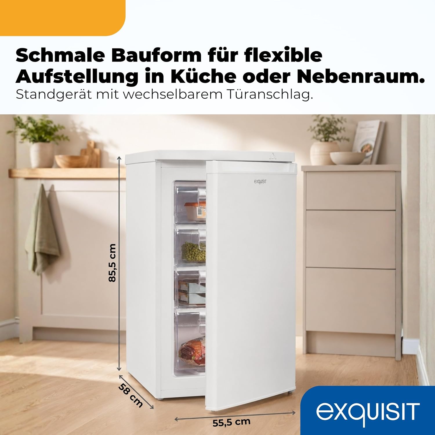 Gefrierschrank 91L Energieeffizienzklasse E 40 dB(A) kompakt 4-Sterne-Gefrieren manuelle Temperaturregelung wechselbarer Türanschlag GS512-040E weiss