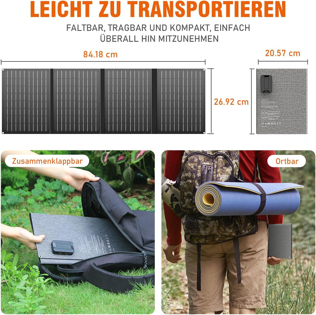 Powerstation 99Wh + 40W Solarpanel, 100W Solargenerator, 230V AC, 18W USB-A/C, für Wohnmobil/Camping, schwarz-orange