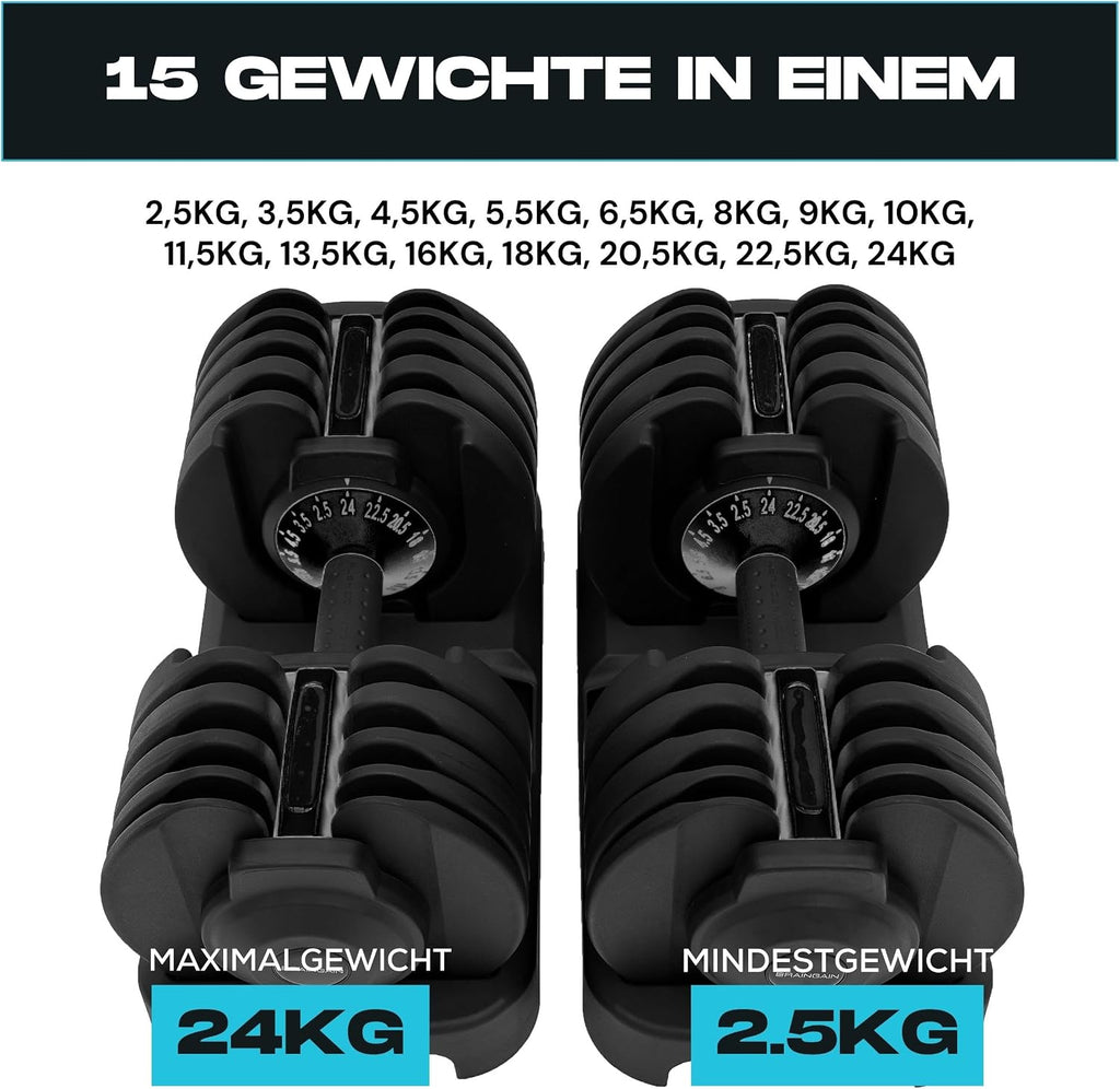 Verstellbares Kurzhantel-Paar, 15-in-1 (24kg) Gewichtsstufen, Smart-Click-Technologie, Anti-Rutsch-Griff, platzsparend für Heimtraining