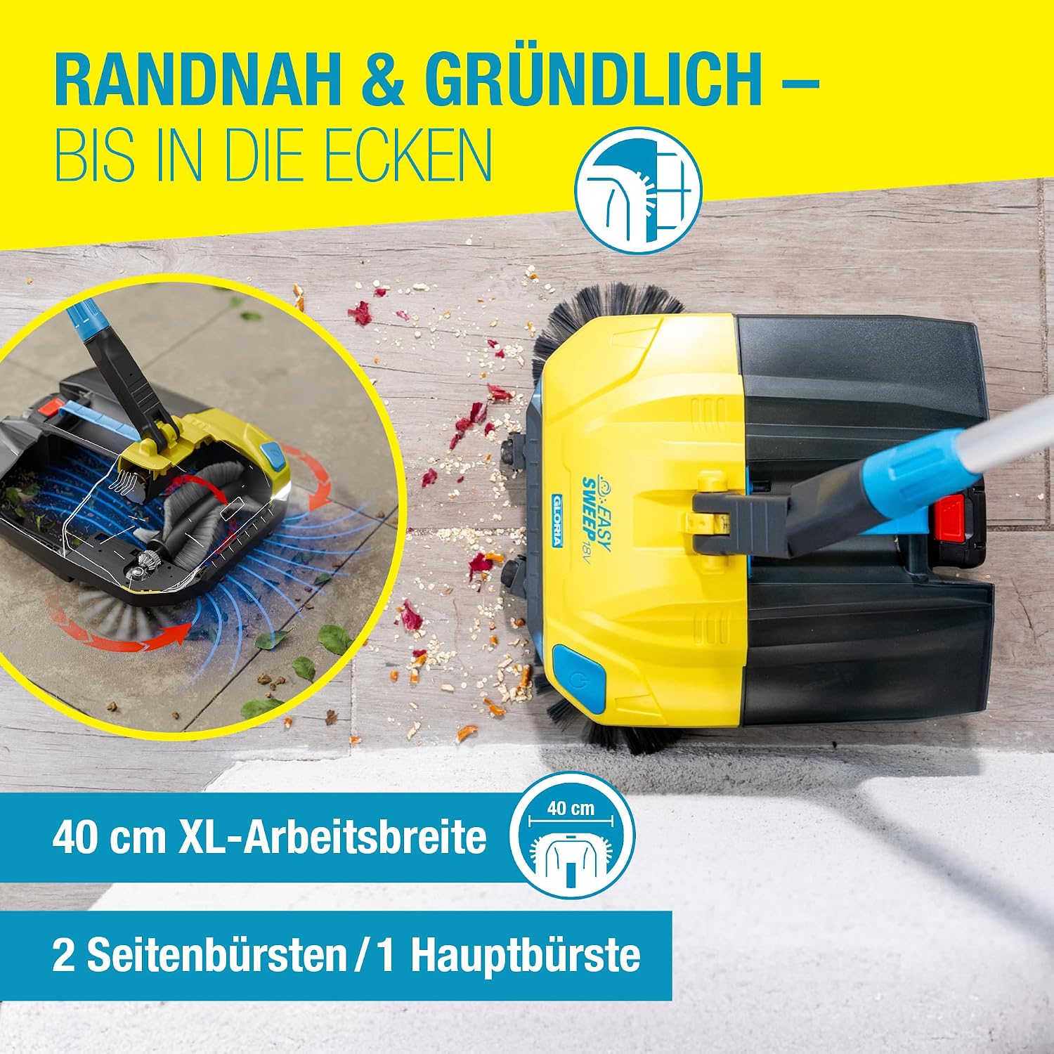 Akku-Kehrmaschine EasySweep 18V inkl. 18V Akku, 40 cm Arbeitsbreite, 4,5 L Behälter - für Indoor & Outdoor, Einfahrt, Gehweg, Terrasse, Garage & Laub