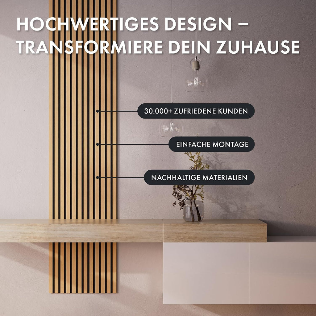 5 Stück Akustikpaneele Holz 240x50 cm - Eiche Geölt Dekor - Wandverkleidung als 3D Lamellenwand für effektiven Schallschutz - Holzpaneele