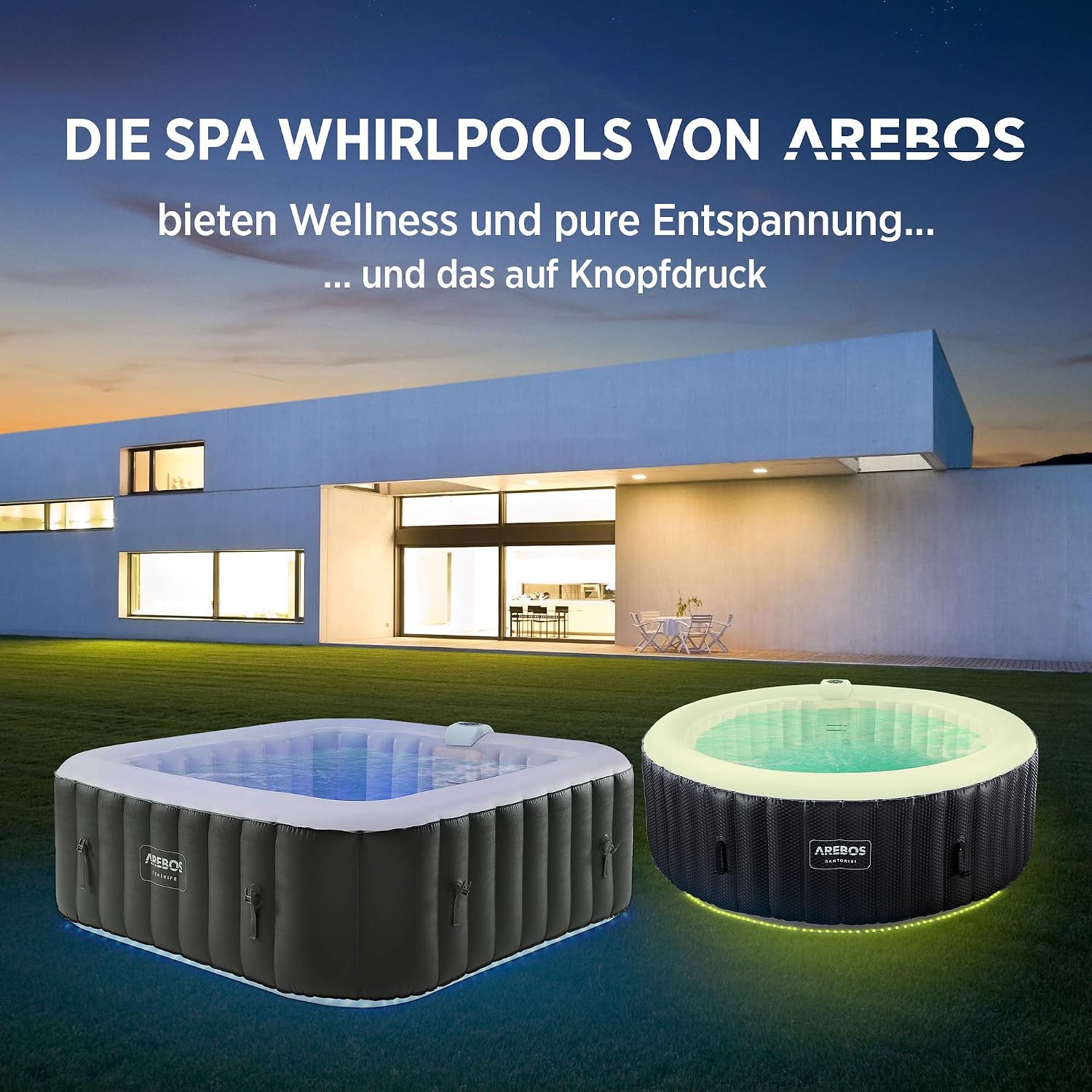 Automatisch aufblasbarer Spa Whirlpool 2400W, für 6 Pers., 185x185 cm, 130 Düsen, LED, 910L, inkl. Abdeckung, Bubble Spa + Wellness-Massage