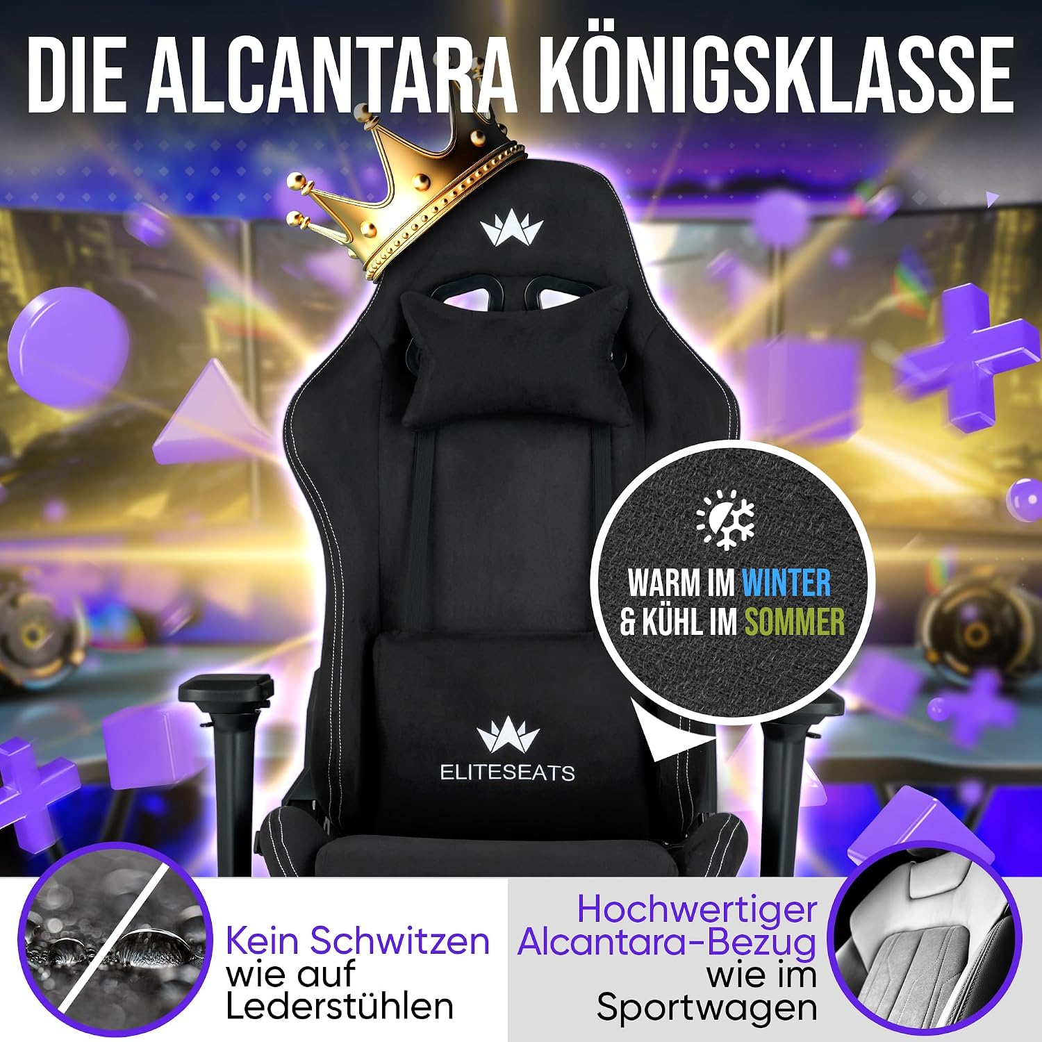 Gaming Stuhl Ergonomisch Kratzerfreie Rollen Atmungsaktiv, 4D-Armlehnen, mit Fußstütze, Stoff, 150 kg Belastbarkeit