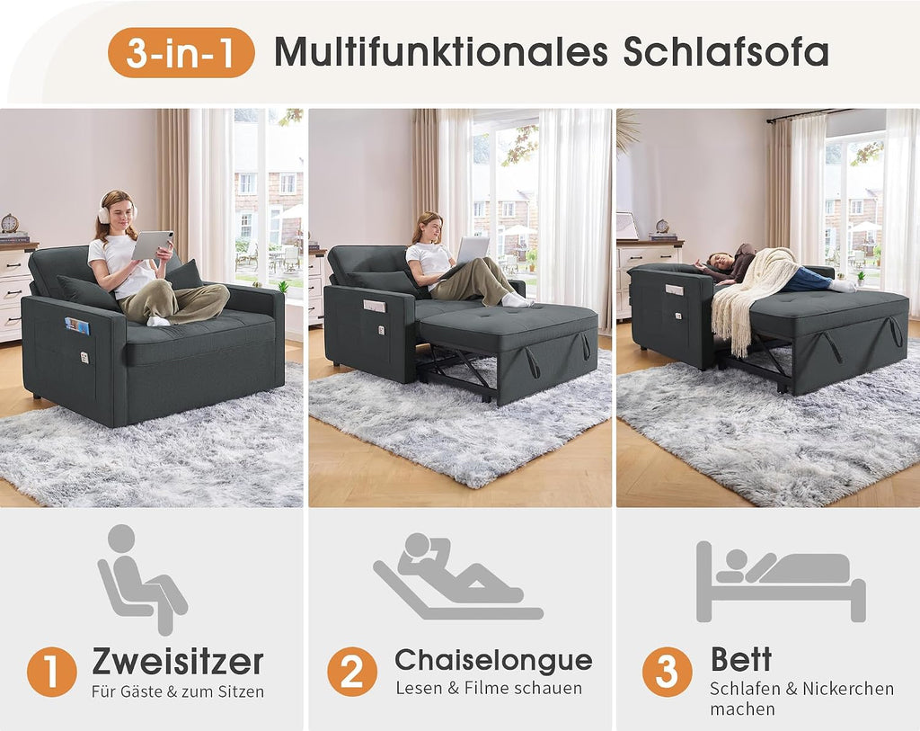 Schlafsofa 186x122cm mit 5-stufig verstellbarer Rückenlehne, 3-in-1 Schlafcouch mit Kissen & Seitentasche, graues Leinen für Gästezimmer & kleine Räume