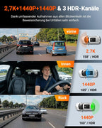 N4S 3-Kanal Dashcam 2.7K+2.5K+1440P Vorne Hinten Innen, STARVIS 2 HDR Nachtsicht, 5GHz WLAN GPS, 24h Parküberwachung G-Sensor, Max 1TB, CPL optional