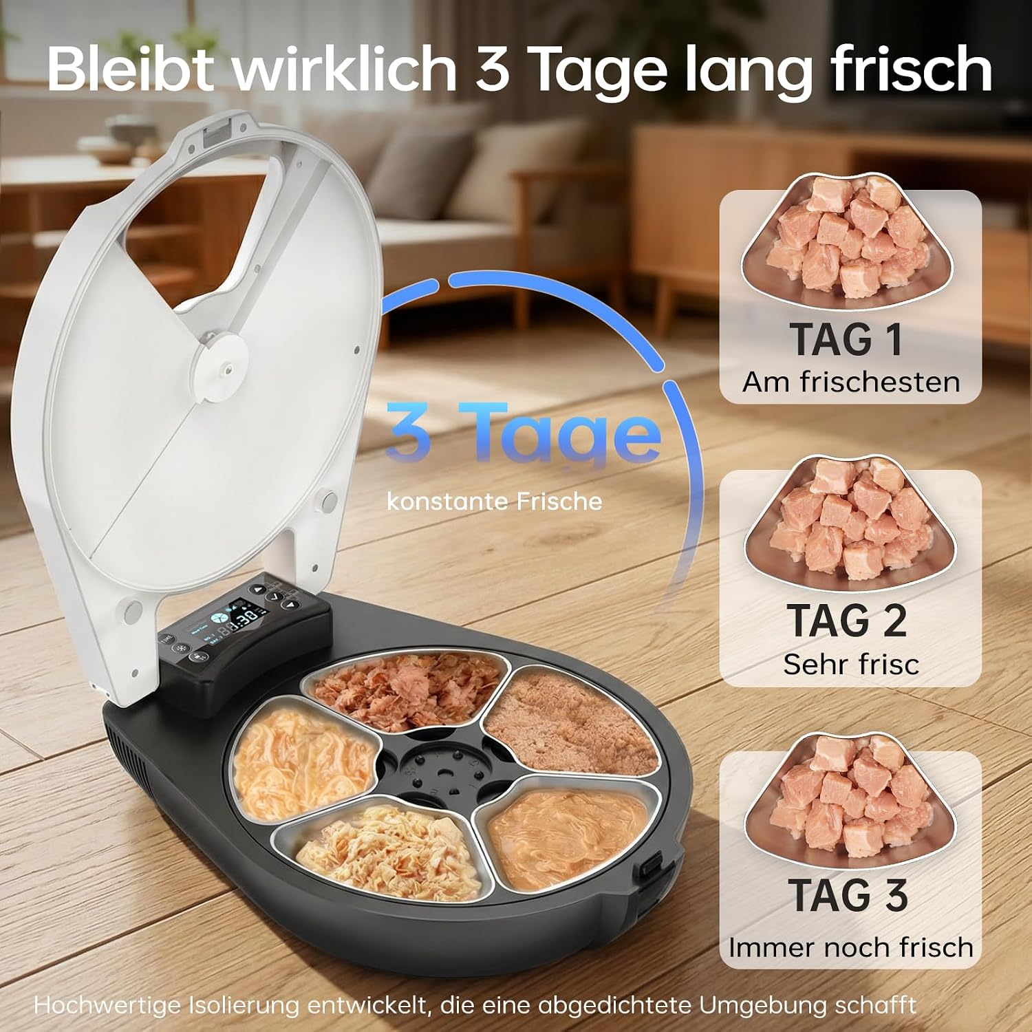 Nassfutterautomat für Katzen - 3 Tage Frische, 5 Mahlzeiten, Halbleiter-Kühlung & Heizung, Edelstahl 304 Schale, programmierbar