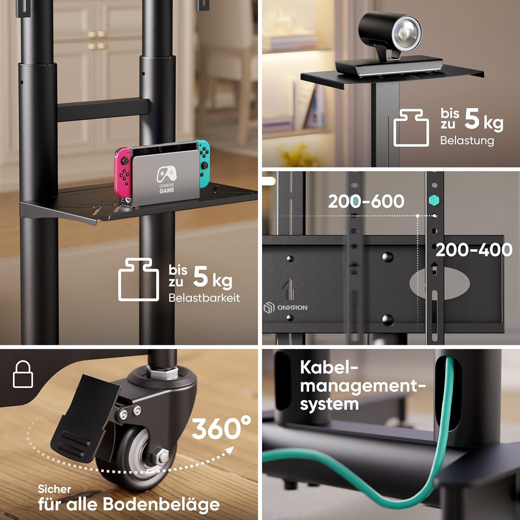 TV Ständer rollbar für 32-75 Zoll, max. 60 kg, höhenverstellbar mit Ablage, VESA 600x400, Rollen, Schwarz, TS1571-B