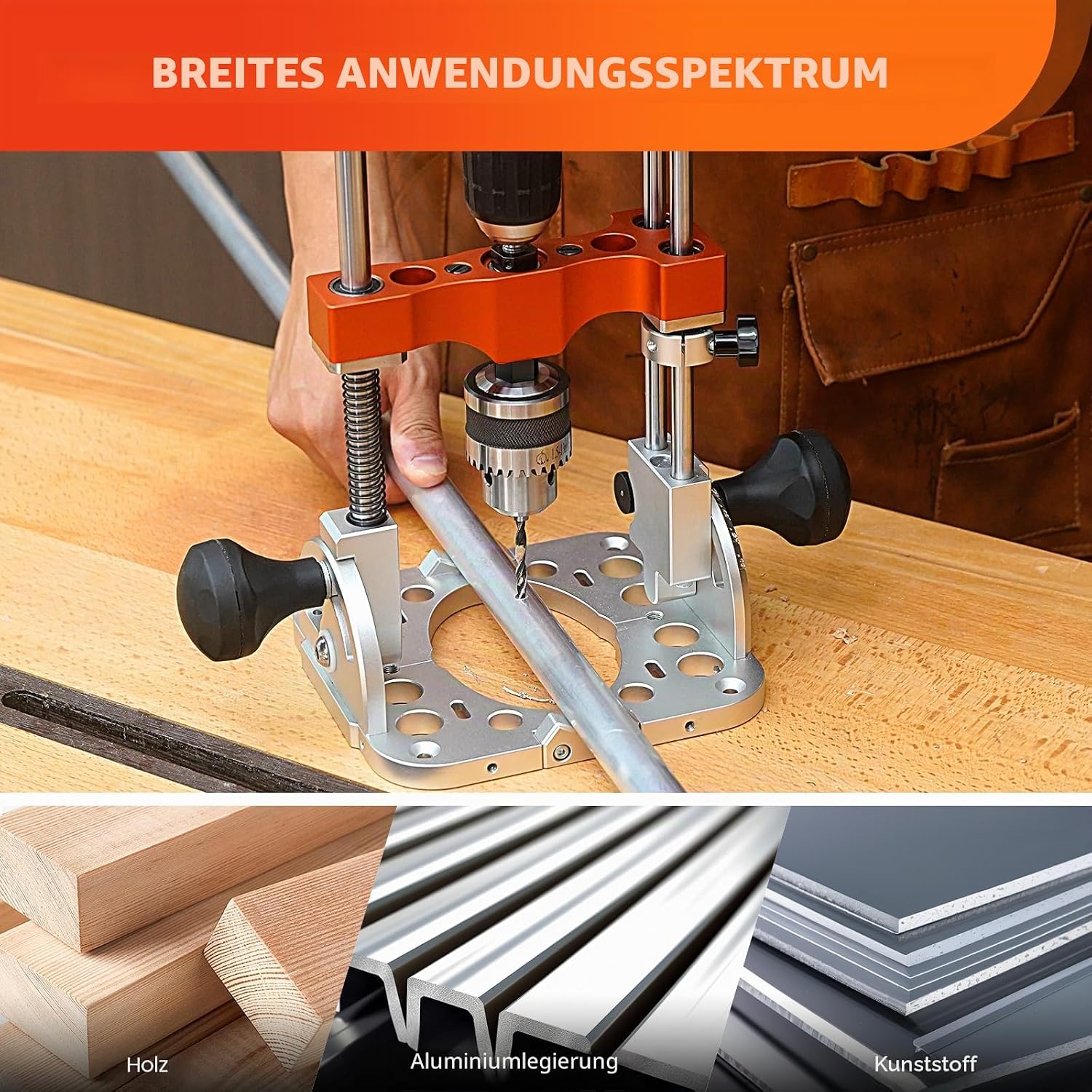 Tragbare Bohrführung, Linearkugellager-Führungsstangen, 1/2" Spannzange, Bohrpressenadapter Handbohrmaschine, 0-60° einstellbar, Mehrwinkelbohrführung