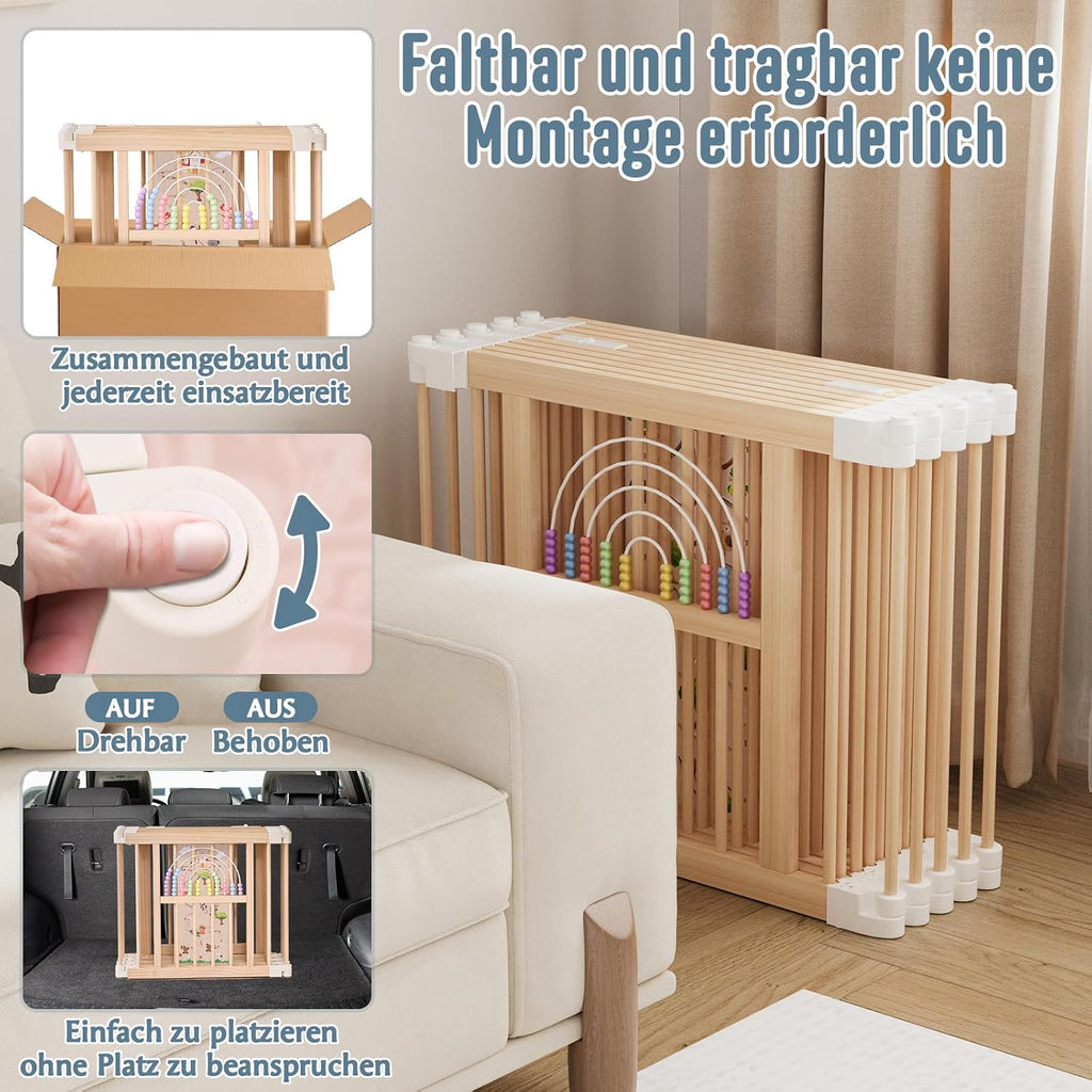 Sicherer & Stabiler faltbarer Holz-Laufstall mit fröhlichem Krabbelbereich für Babys & Kleinkinder (1-3 Jahre) - 214x141x61 cm, nachhaltig