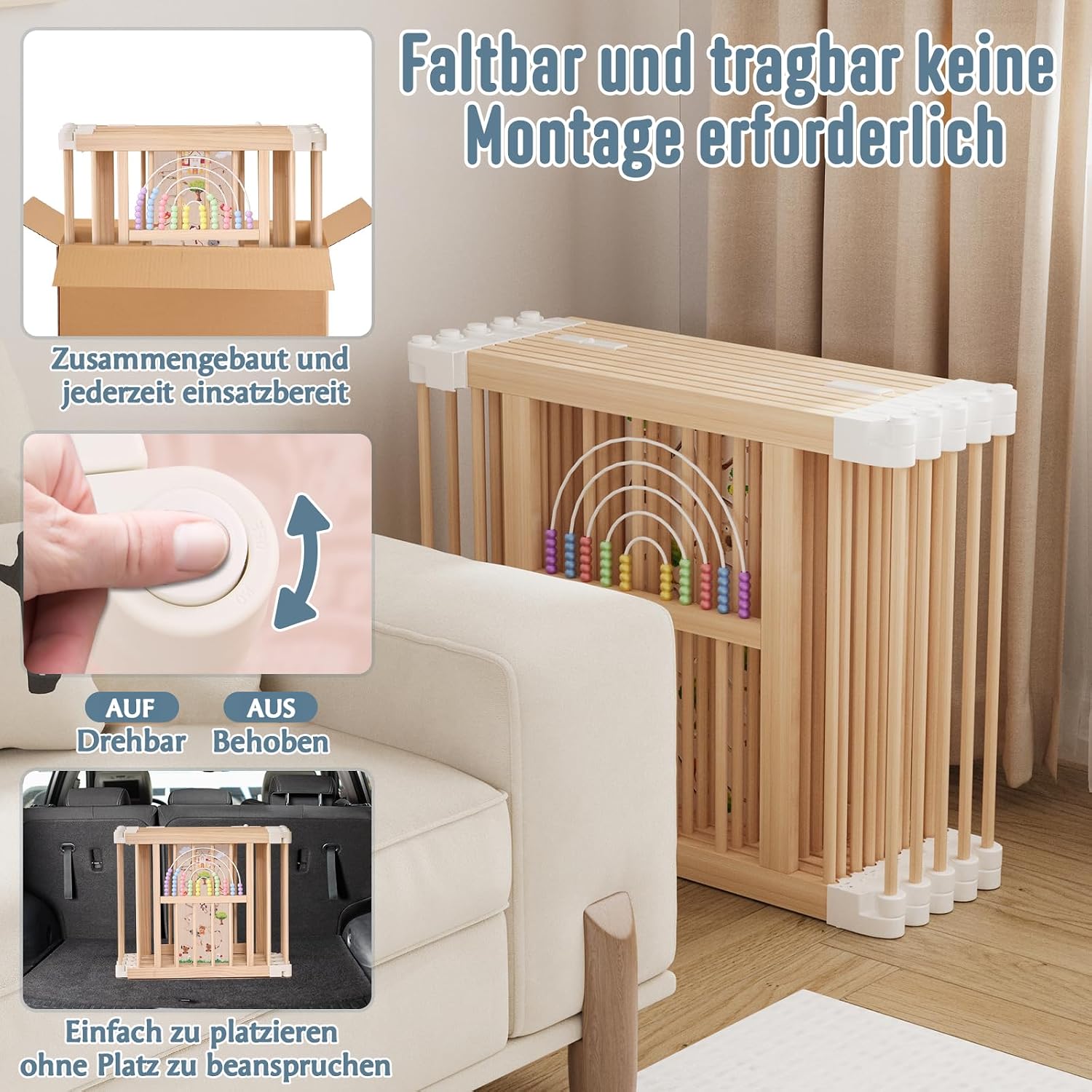 Sicherer & Stabiler faltbarer Holz-Laufstall mit fröhlichem Krabbelbereich für Babys & Kleinkinder (1-3 Jahre) - 214x141x61 cm, nachhaltig