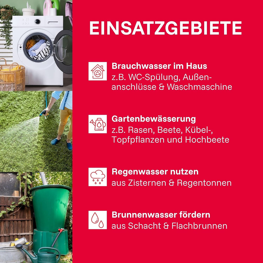 HWW INOX 1300 Plus F Hauswasserwerk, Edelstahl-Druckkessel, 1200W, selbstansaugend, 4350 l/h, 50m, Vorfilter, wartungsfrei, Überlastschutz