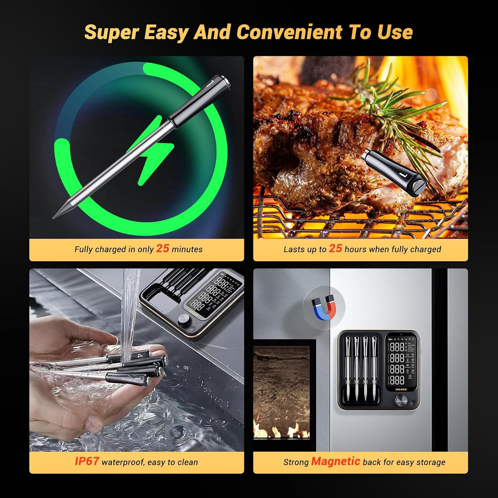 INT-14-BW kabelloses Fleischthermometer, Smart-Grillthermometer, WIFI 2.4G + BT 5.4, 91m Reichweite, für Ofen/Grill/Smoker/Rotisserie/Airfryer